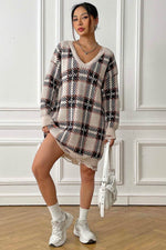 Plaid V-Neck Long Sleeve Sweater Dress for a perfect OOTD – dress to impress outfits from Amexza