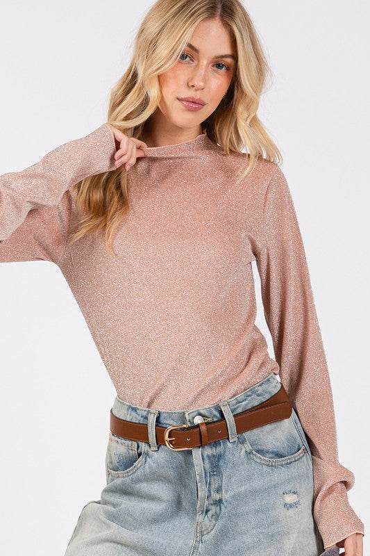 SAGE + FIG Glitter Mock Neck Lettuce Hem Long Sleeve Top - Amexza