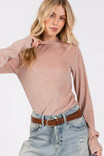 SAGE + FIG Glitter Mock Neck Lettuce Hem Long Sleeve Top - Amexza