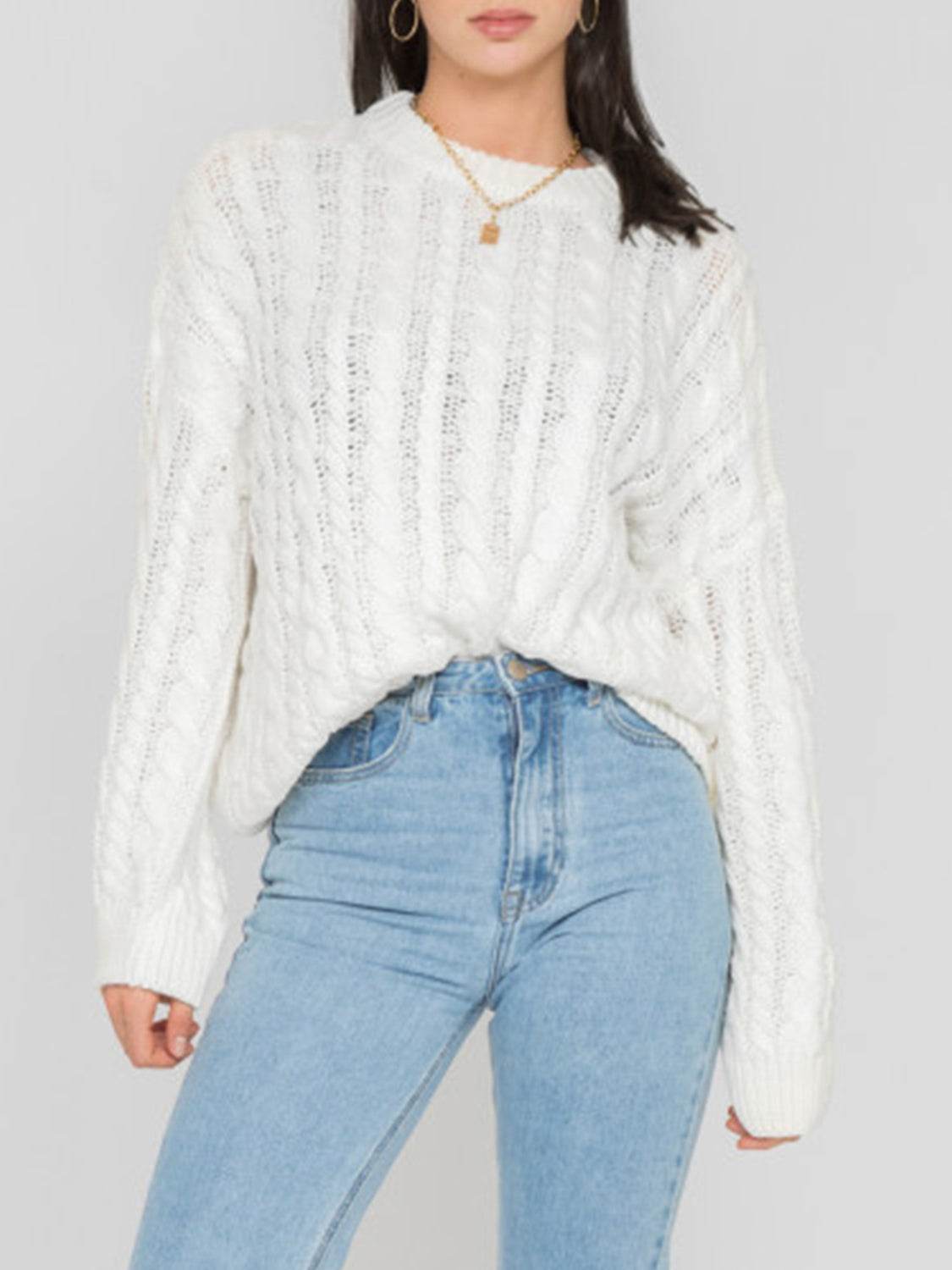 Openwork Round Sleeve Cable-Knit Sweater White for a perfect OOTD – dress to impress outfits from Amexza