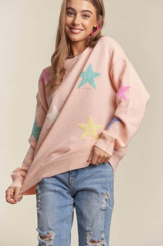 ADORA Stars Pattern Round Neck Drop Shoulder Sweater for a perfect OOTD – dress to impress outfits from Amexza