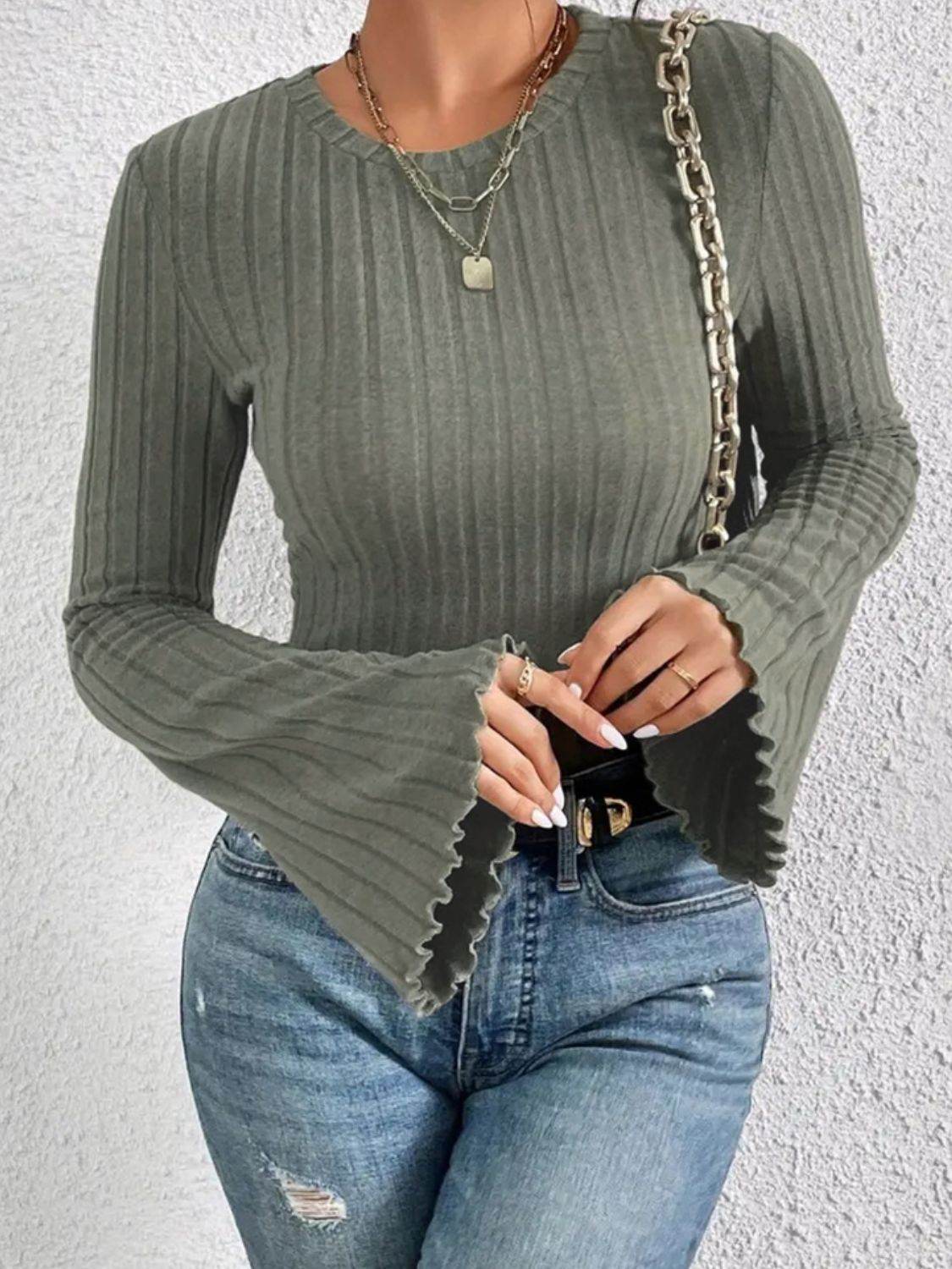 Ribbed Round Neck Flare Sleeve T-Shirt Army Green for a perfect OOTD – dress to impress outfits from Amexza