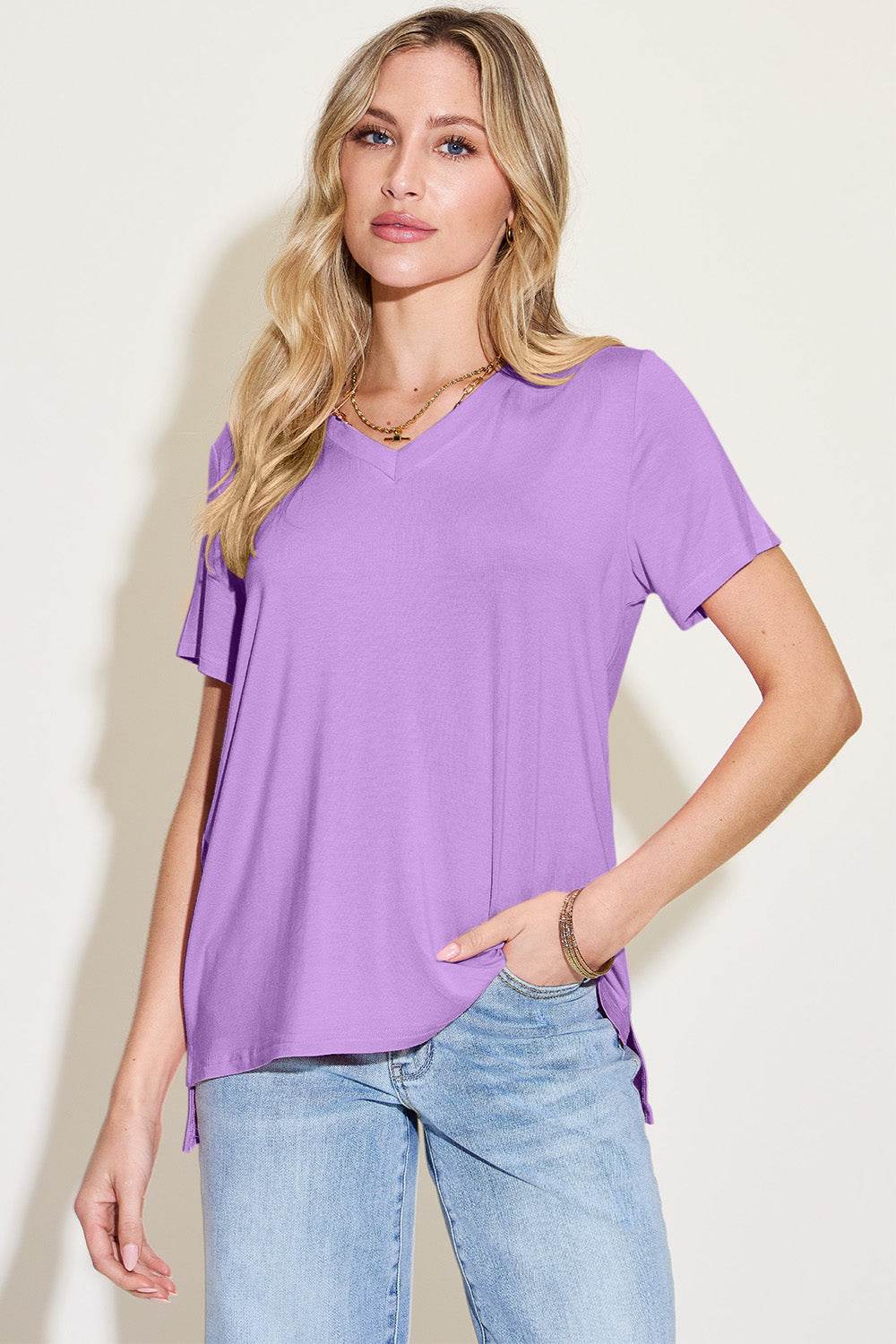 Basic Bae Bamboo Full Size V-Neck High-Low T-Shirt for a perfect OOTD – dress to impress outfits from Amexza