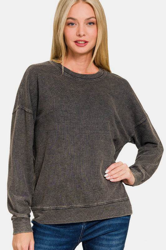 Zenana Washed Round Neck Dropped Shoulder Sweatshirt - Amexza