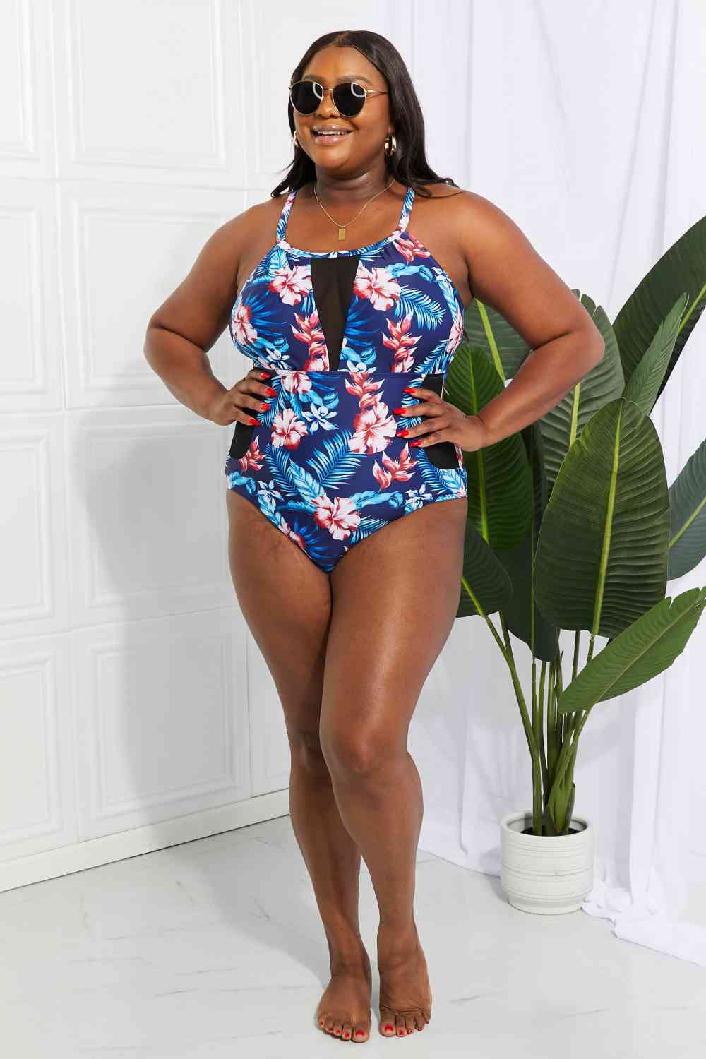 Floral Crisscross Spliced Mesh One-Piece Swimsuit for a perfect OOTD – dress to impress outfits from Amexza