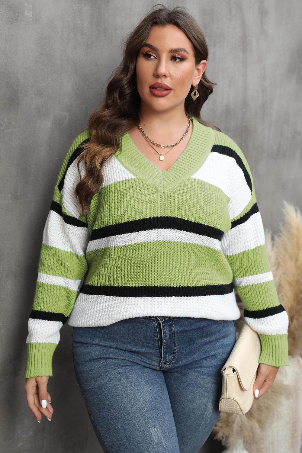 Plus Size Striped V-Neck Dropped Shoulder Sweater for a perfect OOTD – dress to impress outfits from Amexza