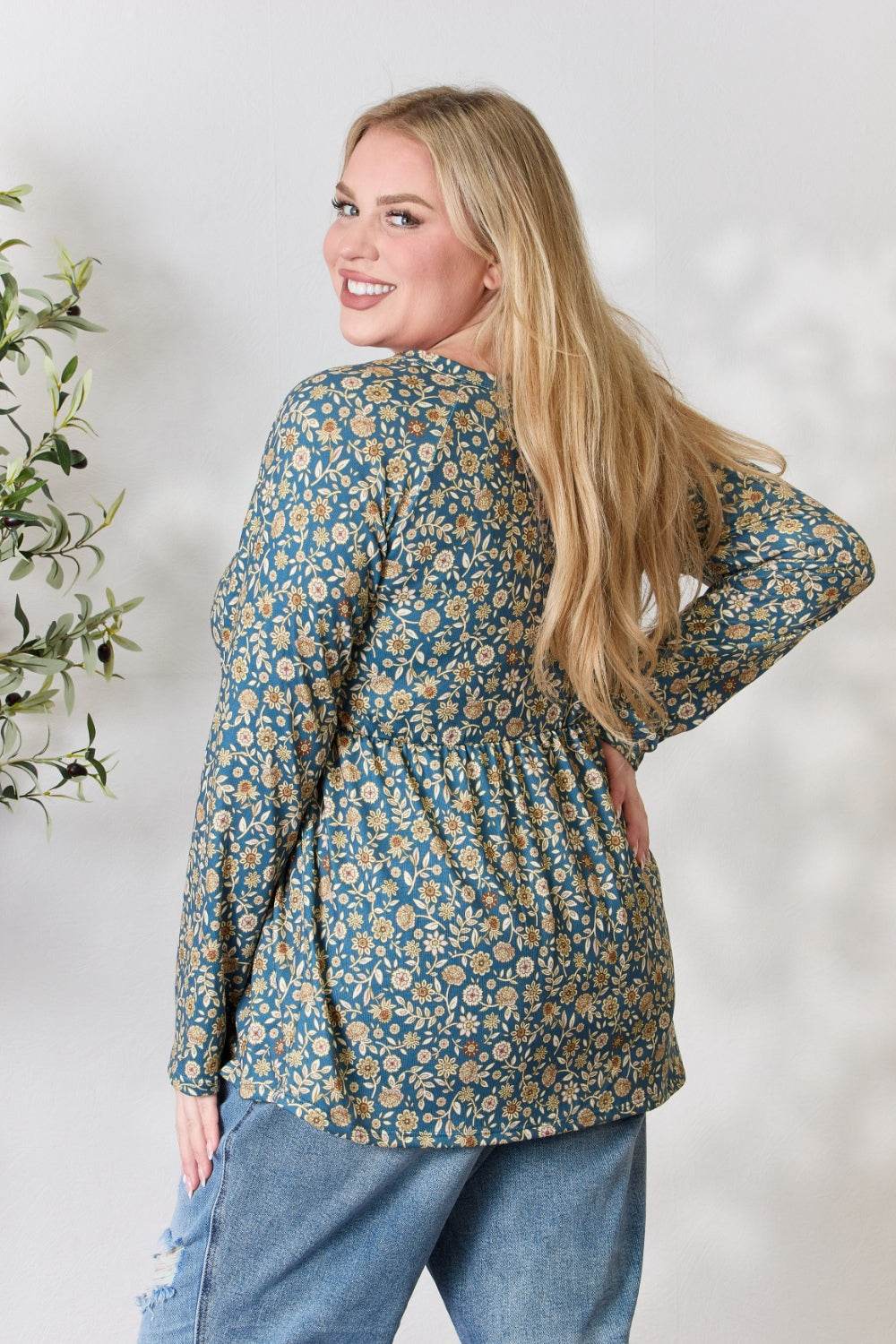 Heimish Full Size Floral Half Button Long Sleeve Blouse - Amexza