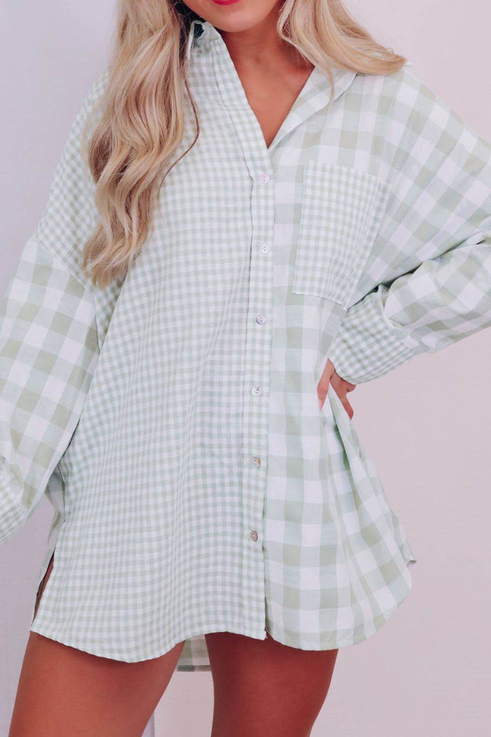 Pocketed Plaid Collared Neck Long Sleeve Shirt for a perfect OOTD – dress to impress outfits from Amexza