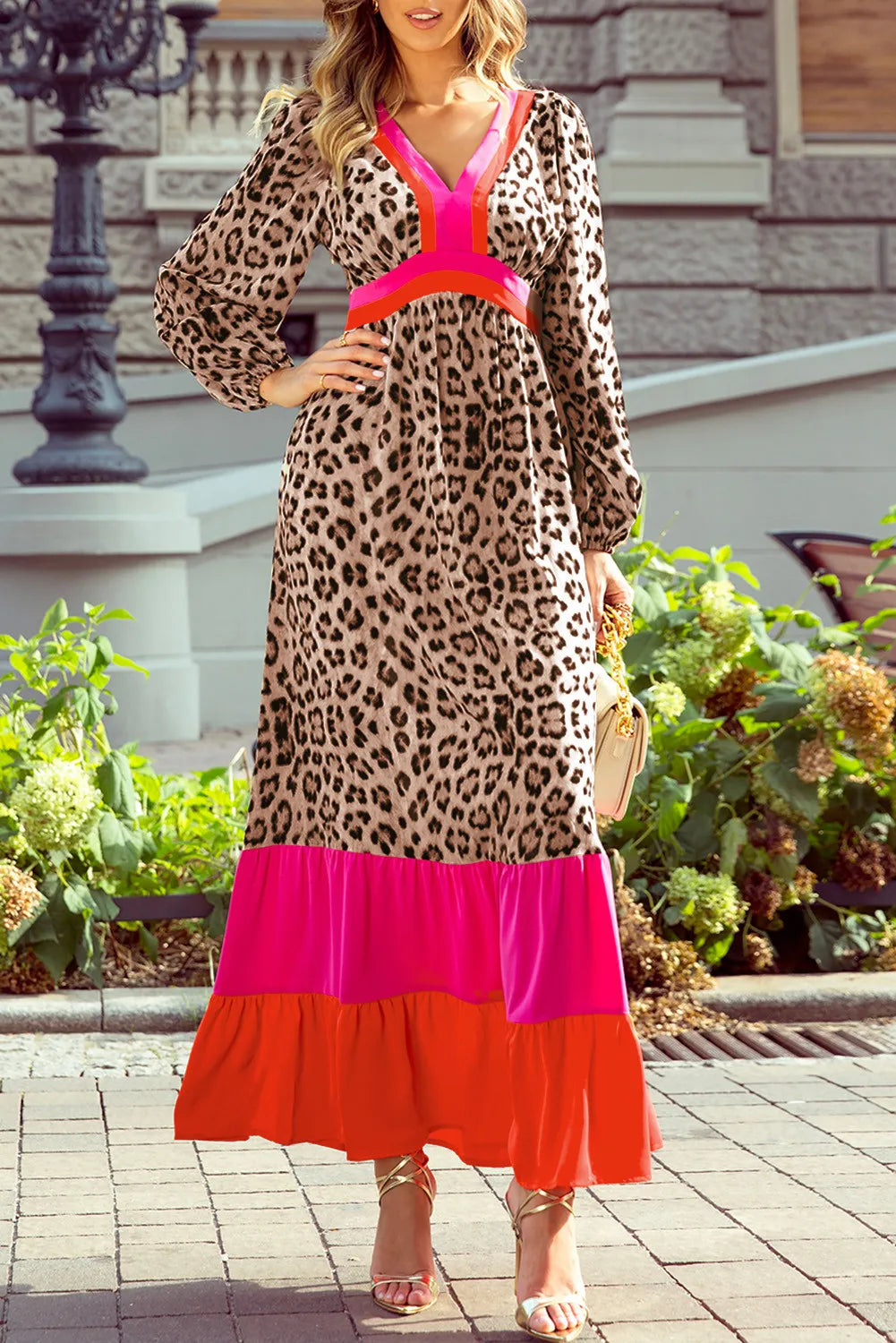 Leopard V-Neck Long Sleeve Maxi Dress - Leopard / S