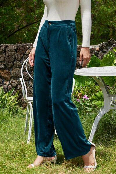 Velvet Wide Leg Pants with Pockets Deep Teal for a perfect OOTD – dress to impress outfits from Amexza