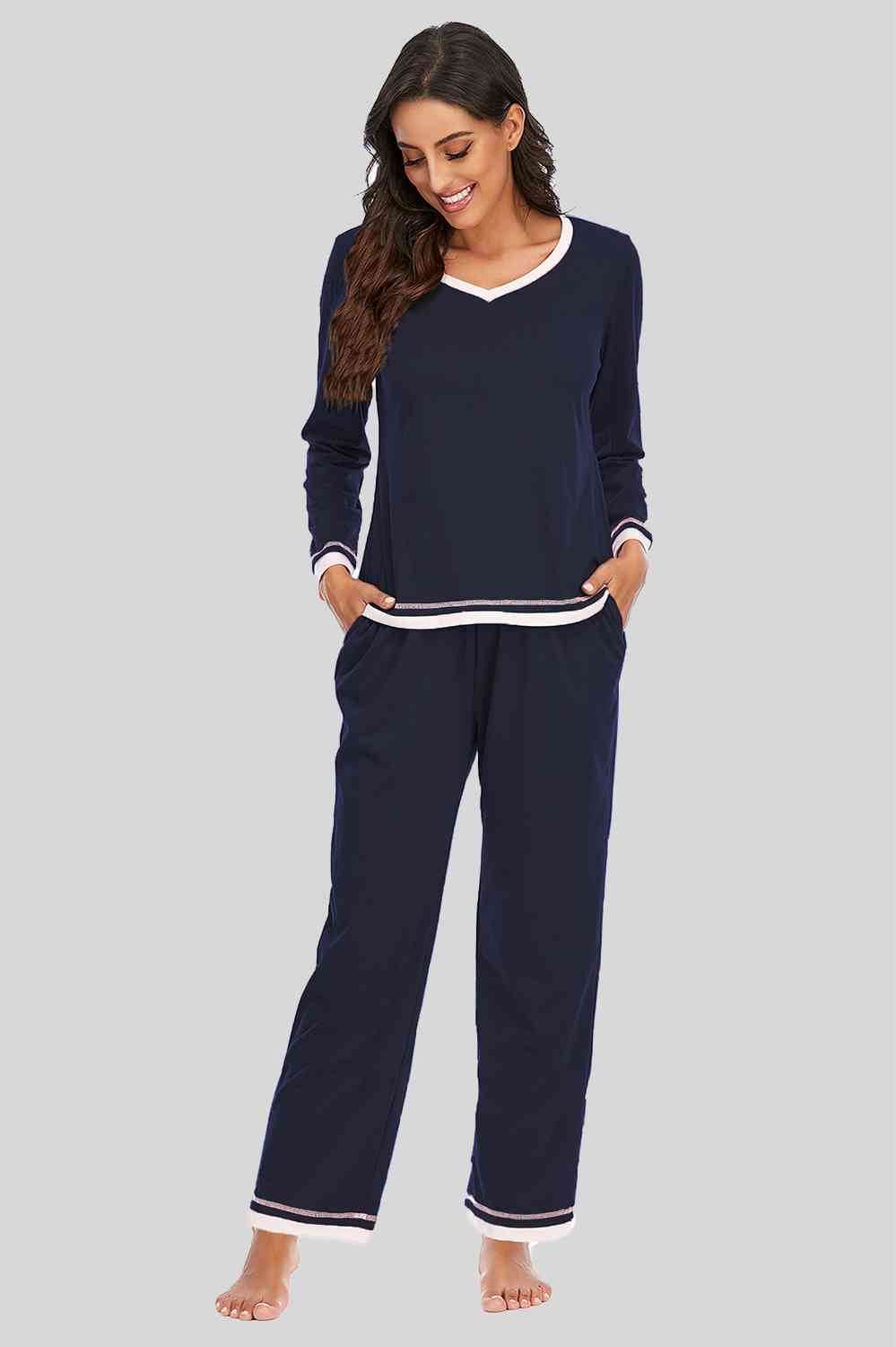 V-Neck Top and Pants Lounge Set Dark Navy for a perfect OOTD – dress to impress outfits from Amexza