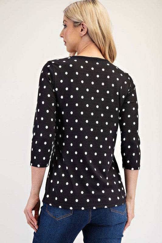 Celeste Full Size Polka Dot Round Neck Three-Quarter Sleeve T-Shirt for a perfect OOTD – dress to impress outfits from Amexza