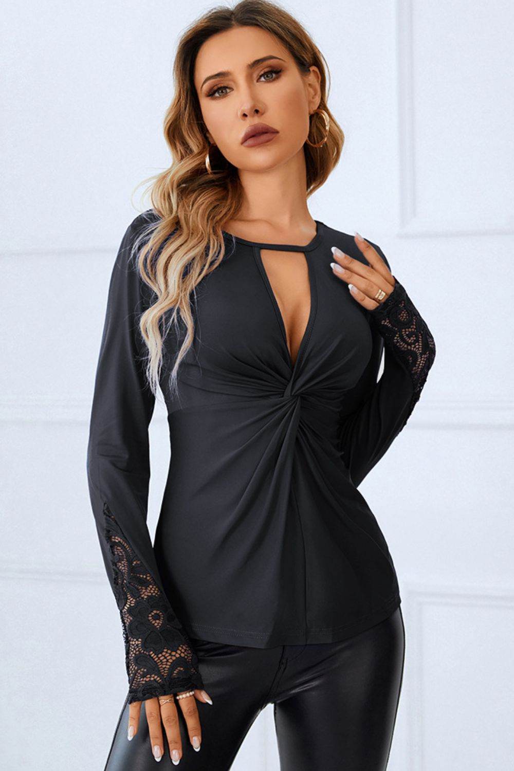 Twisted Cutout Lace Detail Long Sleeve Blouse Black for a perfect OOTD – dress to impress outfits from Amexza