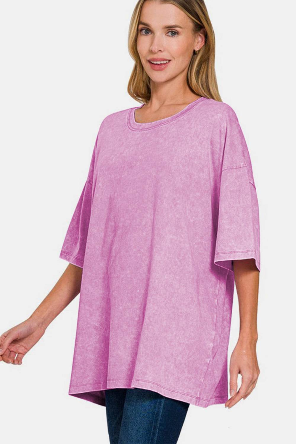 Zenana Full Size Washed Round Neck Drop Shoulder Oversized T-Shirt for a perfect OOTD – dress to impress outfits from Amexza