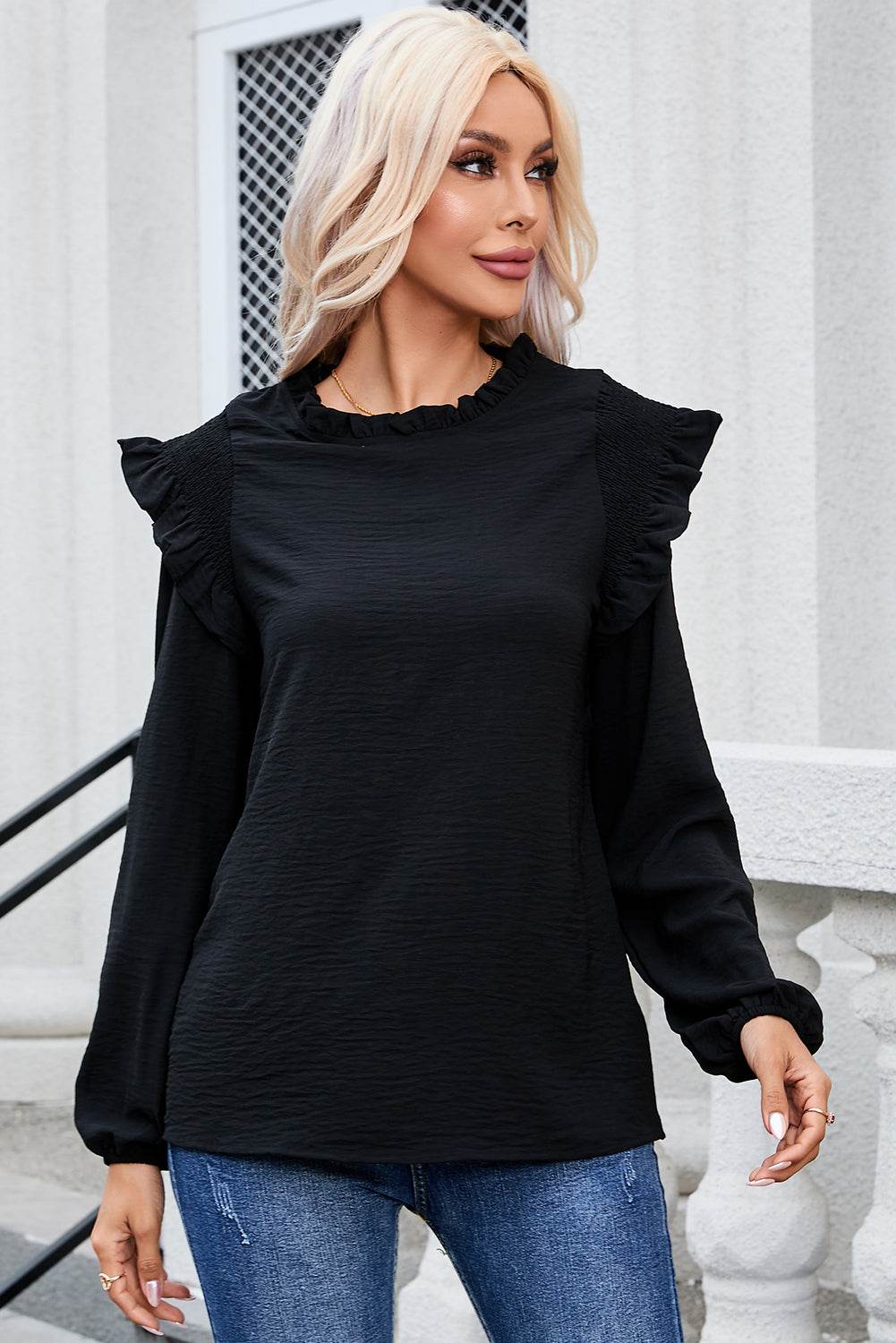 Frill Mock Neck Ruffled Balloon Sleeve Blouse for a perfect OOTD – dress to impress outfits from Amexza