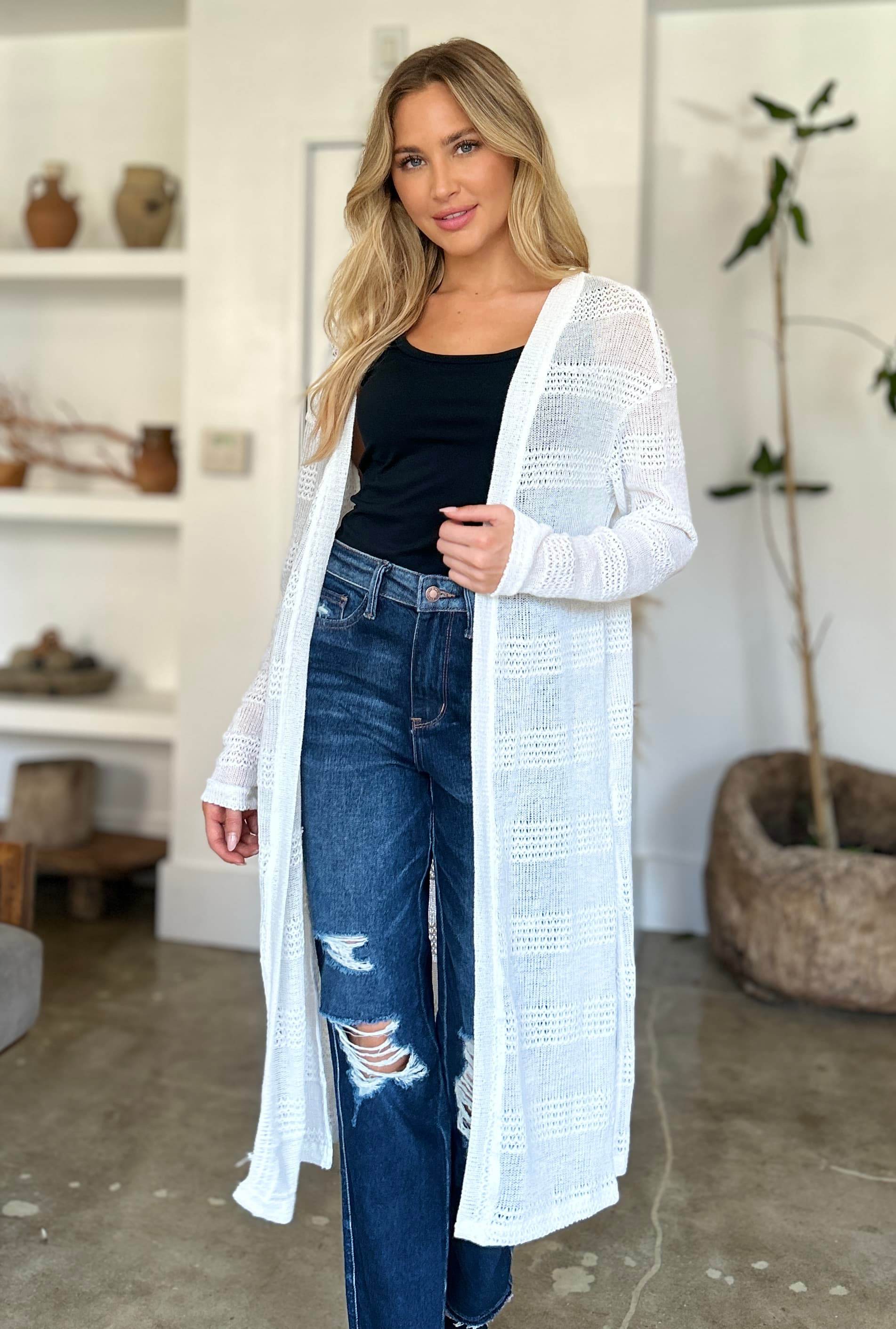 Double Take Full Size Open Front Longline Cardigan White for a perfect OOTD – dress to impress outfits from Amexza