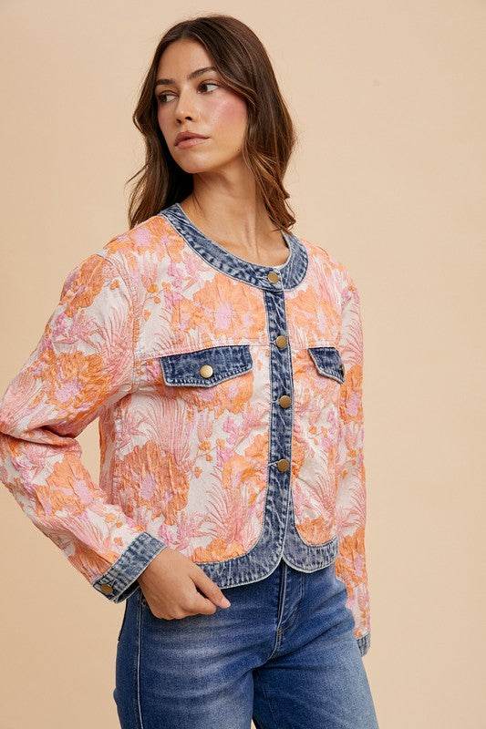 Annie Wear Floral Jacquard Denim Contrast Button Down Jacket for a perfect OOTD – dress to impress outfits from Amexza