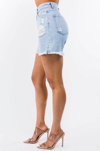 American Bazi High Waist Distressed Raw Hem Denim Shorts for a perfect OOTD – dress to impress outfits from Amexza