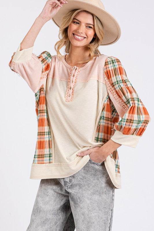 SAGE + FIG Exposed Seam Button Detail Plaid Top - Amexza