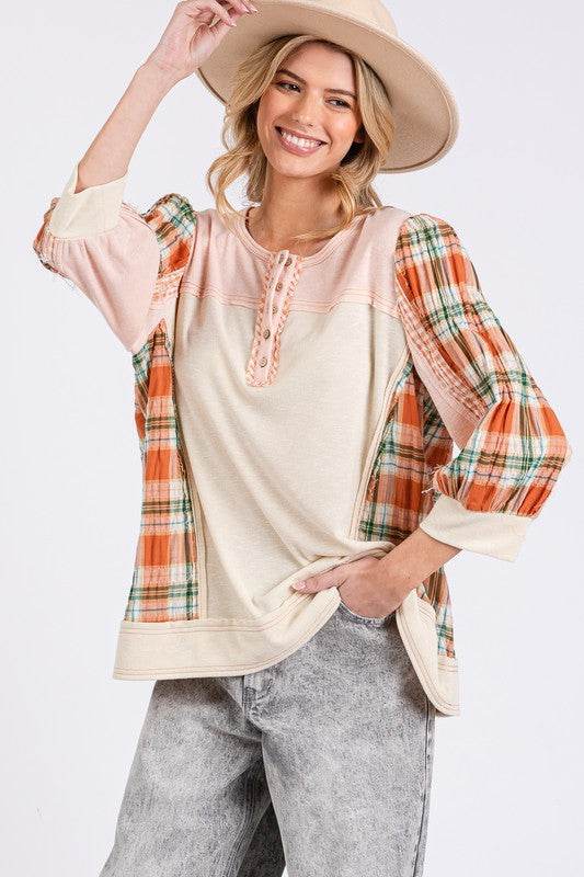 SAGE + FIG Exposed Seam Button Detail Plaid Top PINK for a perfect OOTD – dress to impress outfits from Amexza