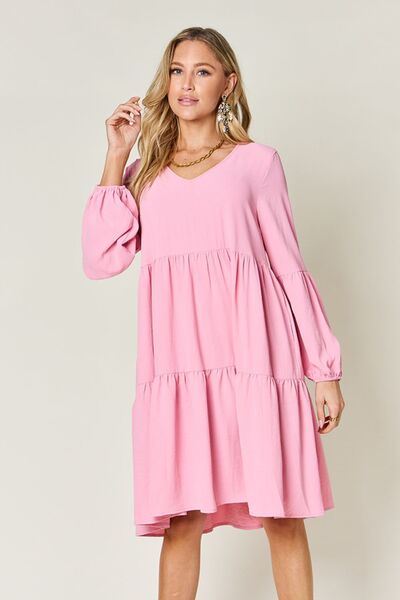 Double Take Full Size V-Neck Balloon Sleeve Tiered Dress with Pockets Pink for a perfect OOTD – dress to impress outfits from Amexza