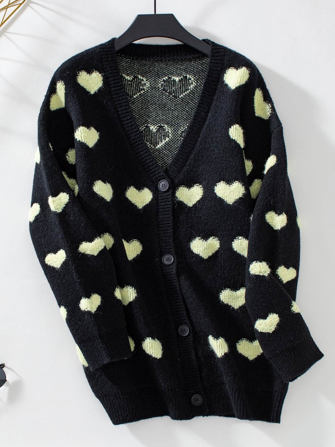 Heart V-Neck Button Up Long Sleeve Cardigan - Amexza