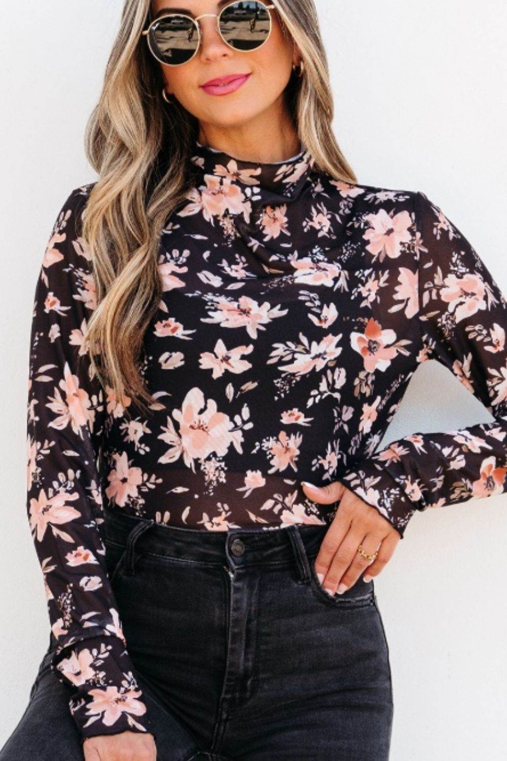 Floral Mock Neck Long Sleeve Blouse for a perfect OOTD – dress to impress outfits from Amexza