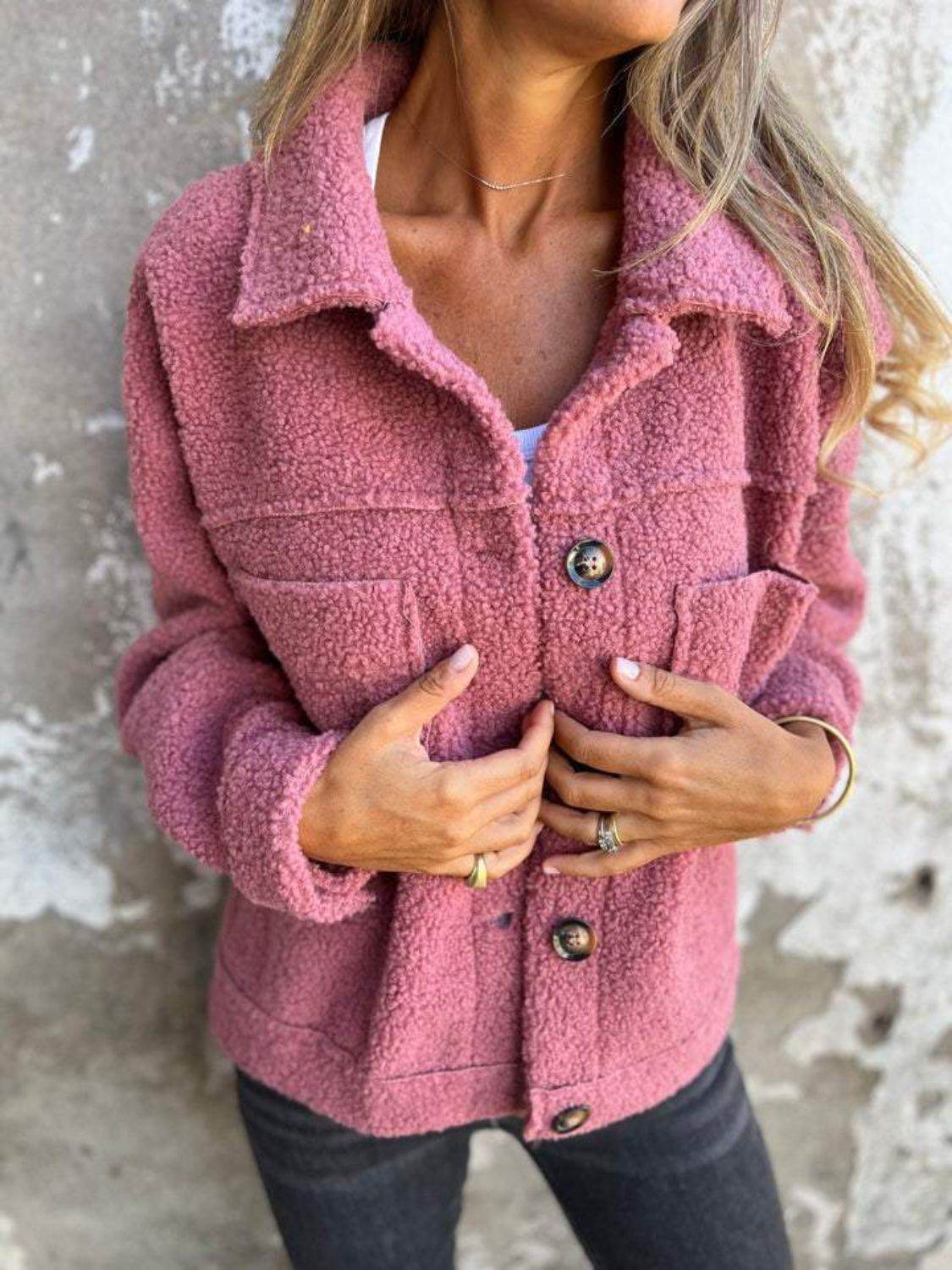 Full Size Fuzzy Button Up Drop Shoulder Jacket Dusty Pink for a perfect OOTD – dress to impress outfits from Amexza