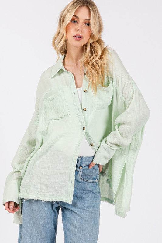 SAGE + FIG Frayed Hem Side Slit Button Down Shirt - Amexza