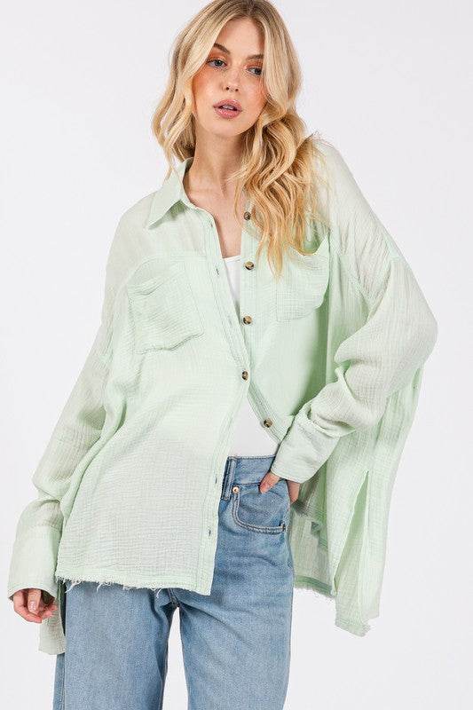 SAGE + FIG Frayed Hem Side Slit Button Down Shirt for a perfect OOTD – dress to impress outfits from Amexza