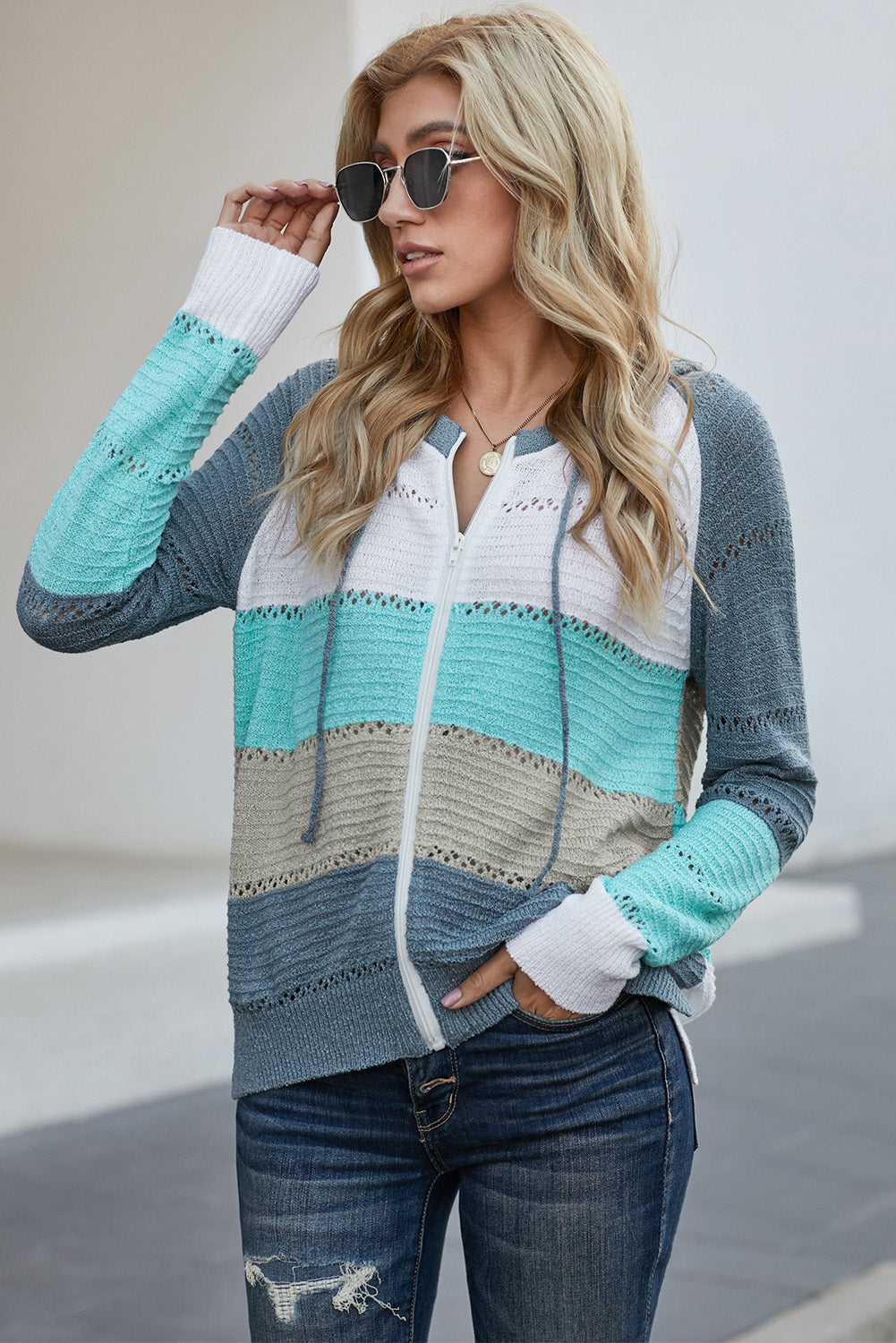 Zip-Up Raglan Sleeve Openwork Hooded Cardigan Gray Blue for a perfect OOTD – dress to impress outfits from Amexza