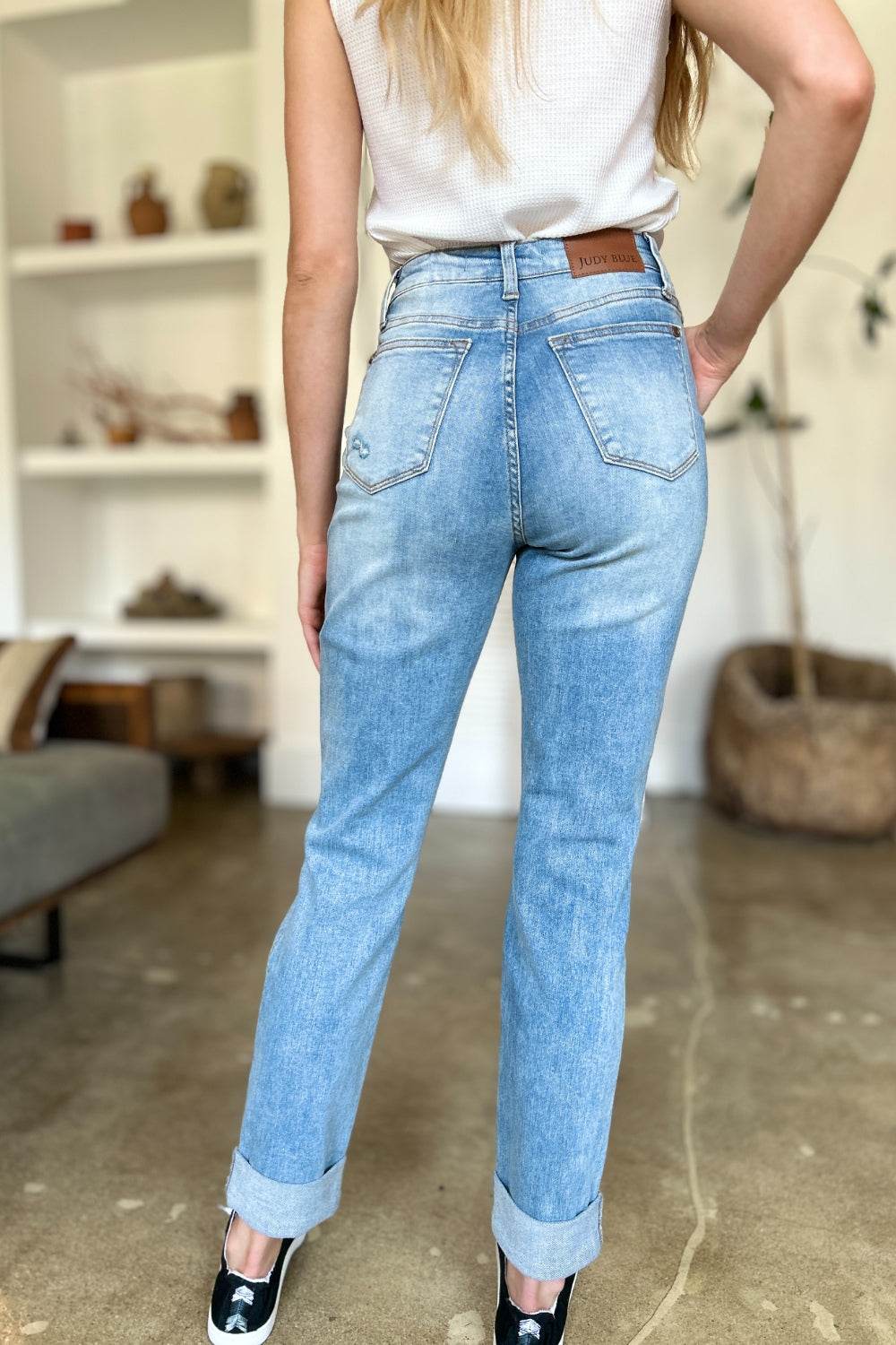 Judy Blue Full Size Distressed Straight Jeans with Patch Pockets for a perfect OOTD – dress to impress outfits from Amexza