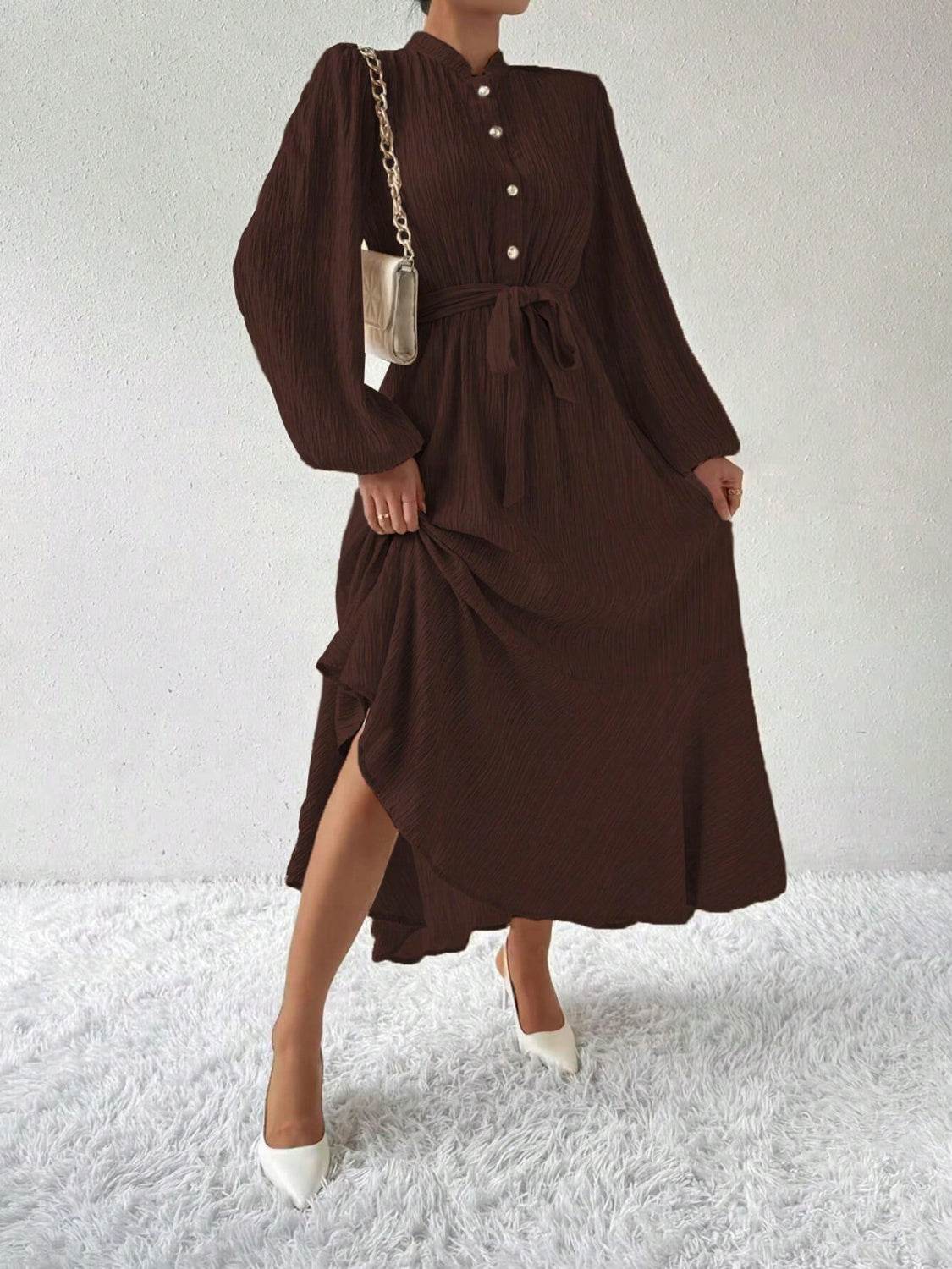 Half Button Tie Waist Long Sleeve Maxi Dress - Amexza