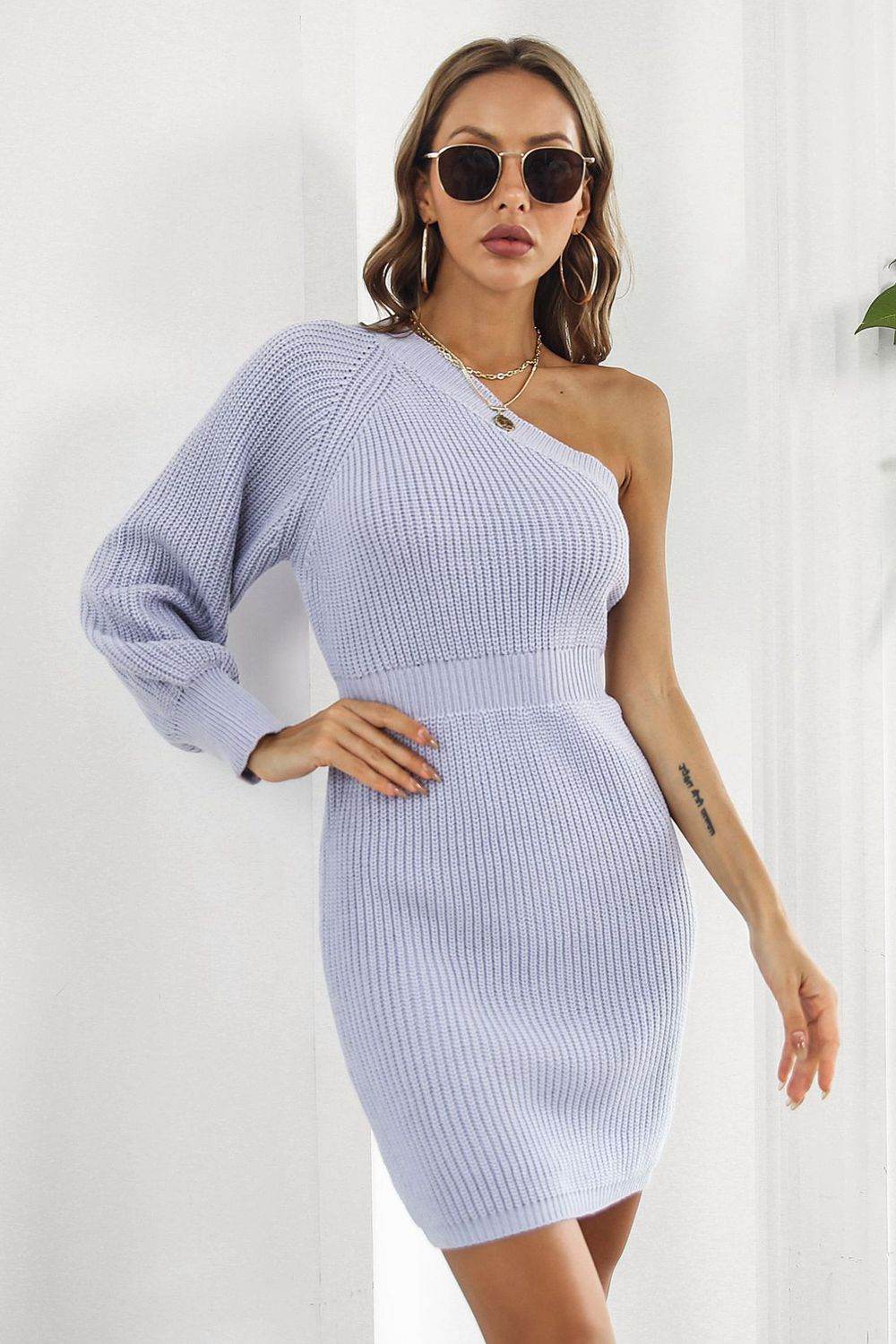 One Shoulder Raglan Sleeve Pencil Sweater Dress Lavender for a perfect OOTD – dress to impress outfits from Amexza