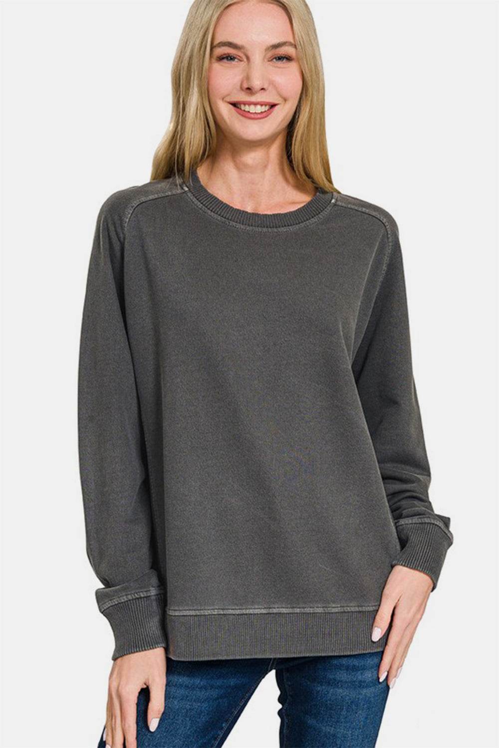 Zenana Full Size Pigment Dyed French Terry Sweatshirt Black for a perfect OOTD – dress to impress outfits from Amexza