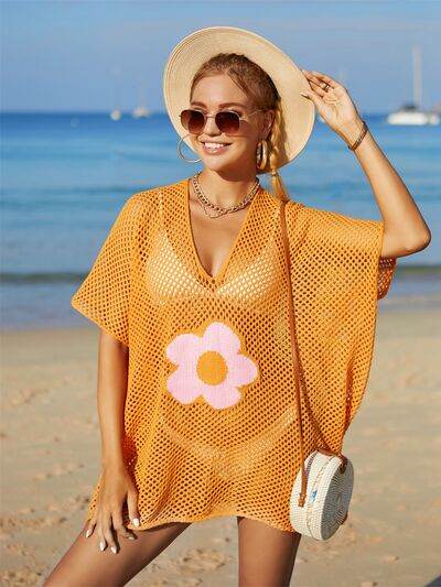 Angel Wings Openwork Flower V-Neck Short Sleeve Cover Up Tangerine One Size for a perfect OOTD – dress to impress outfits from Amexza