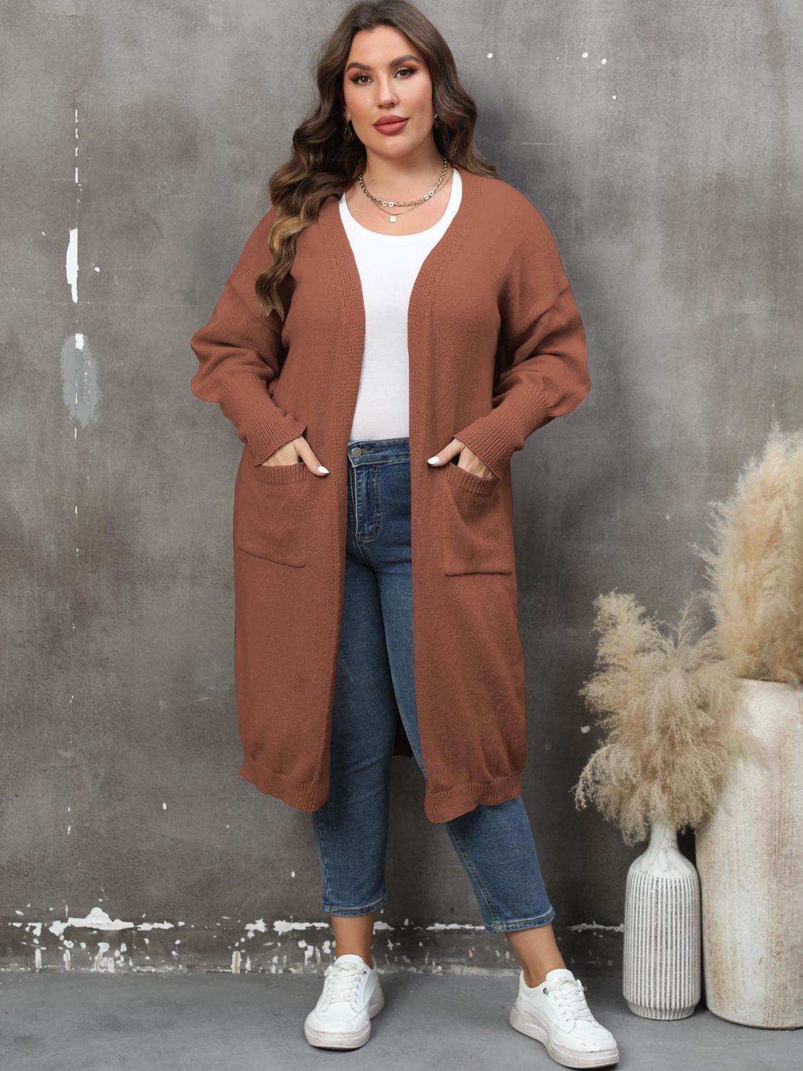 Plus Size Long Sleeve Pocketed Cardigan Brown for a perfect OOTD – dress to impress outfits from Amexza