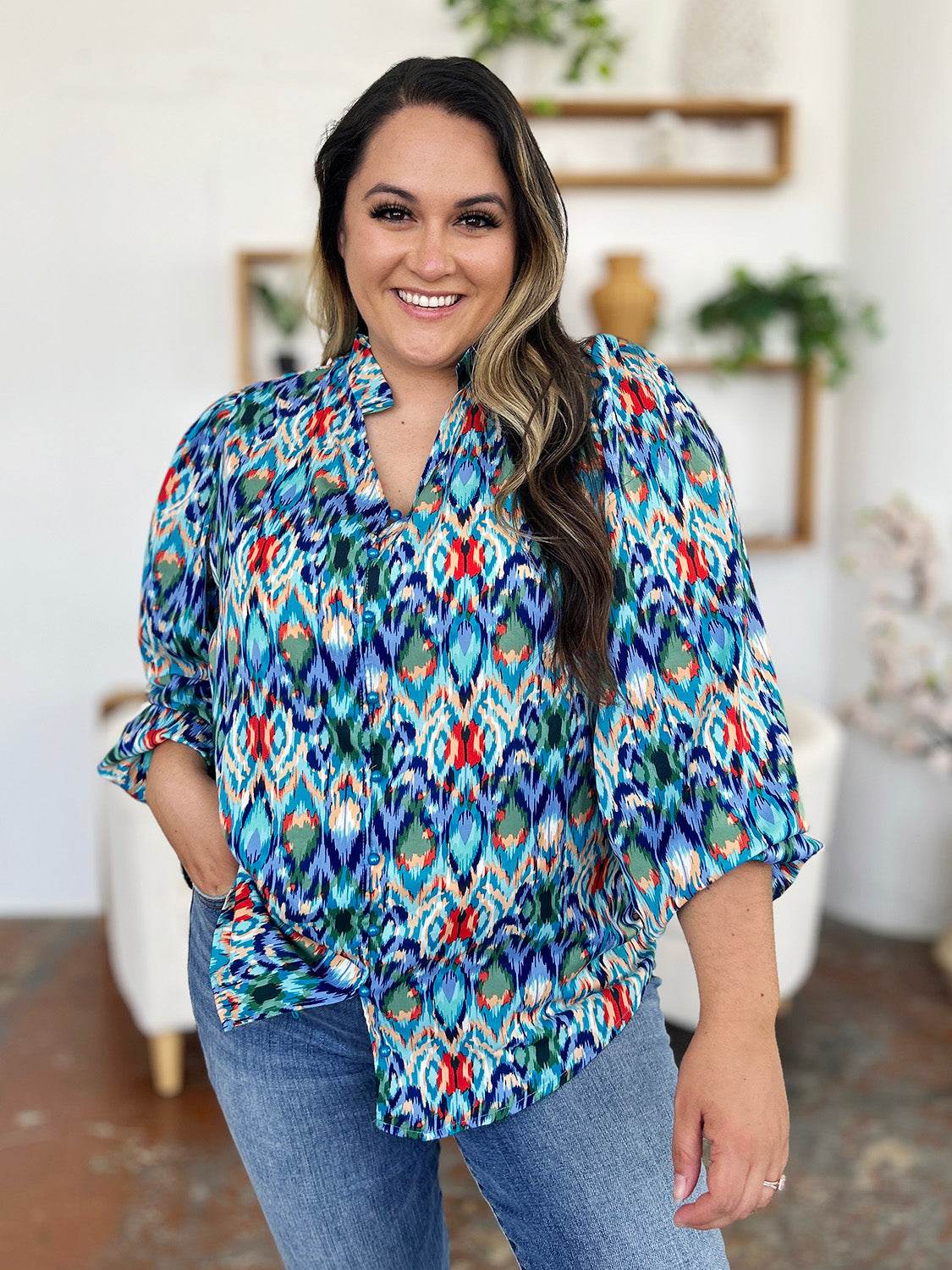 Double Take Full Size Printed Balloon Sleeve Blouse - Amexza