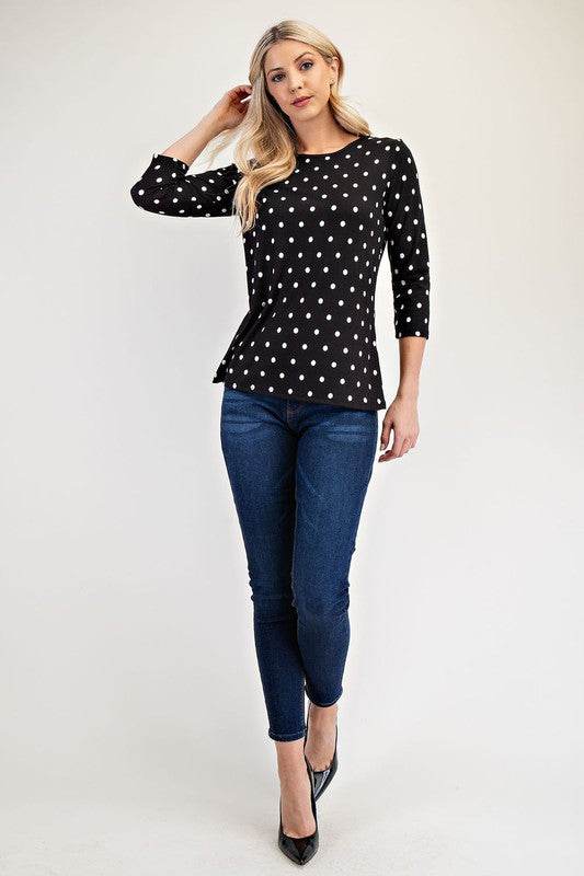 Celeste Full Size Polka Dot Round Neck Three-Quarter Sleeve T-Shirt for a perfect OOTD – dress to impress outfits from Amexza