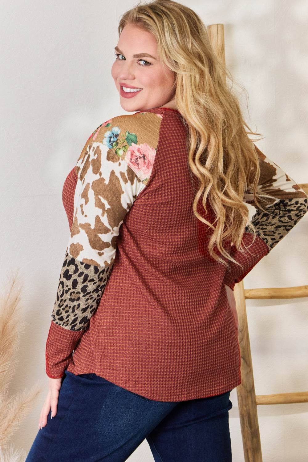 Hailey & Co Full Size Leopard Waffle-Knit Blouse - Amexza