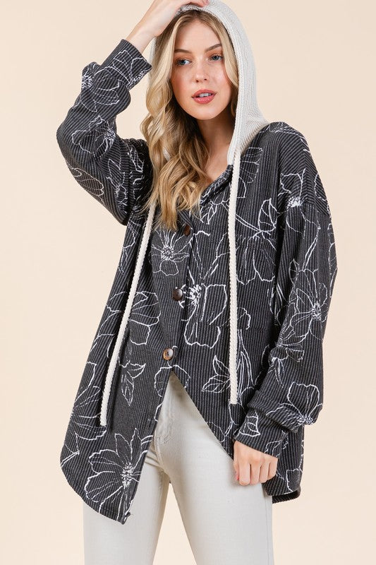 BOMBOM Drawstring Flower Print Button Up Shacket Black for a perfect OOTD – dress to impress outfits from Amexza