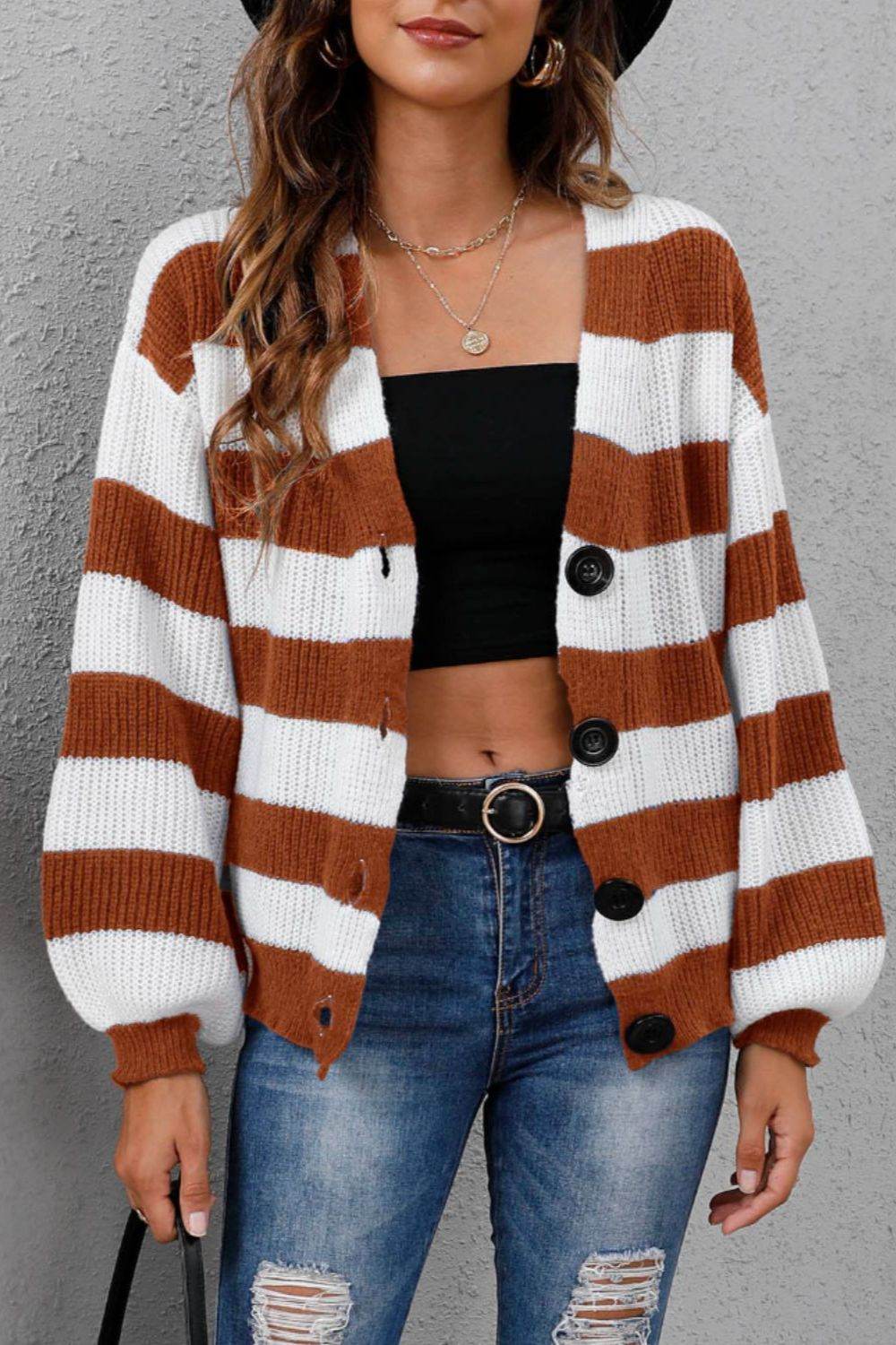 Striped Button Up Long Sleeve Sweater for a perfect OOTD – dress to impress outfits from Amexza