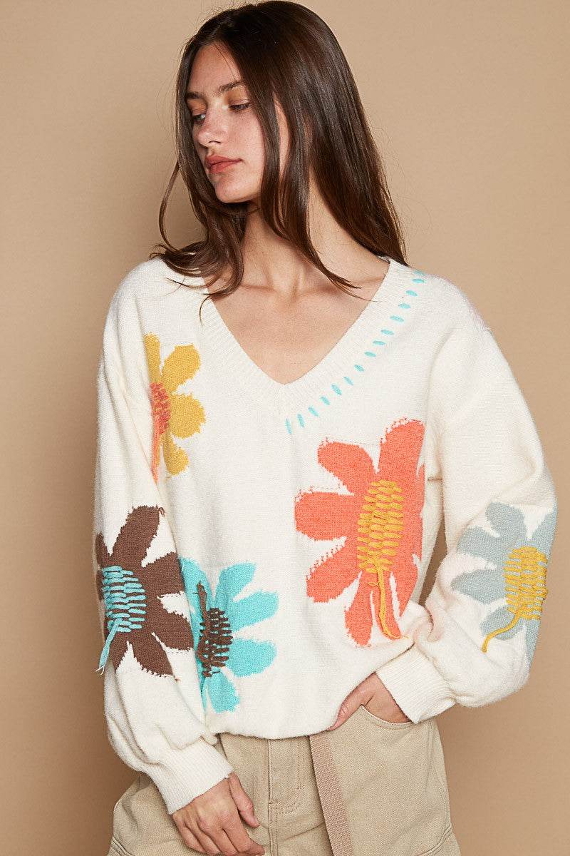 POL V-Neck Long Sleeve Flower Fringe Sweater - Amexza