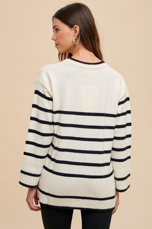 Annie Wear Side Slit Striped Round Neck Sweater for a perfect OOTD – dress to impress outfits from Amexza