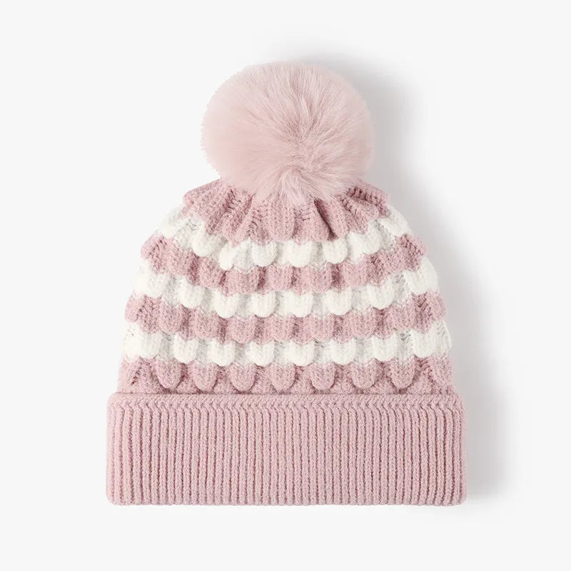 Striped Contrast Knit Hat with Pom-pom Blush Pink One Size for a perfect OOTD – dress to impress outfits from Amexza