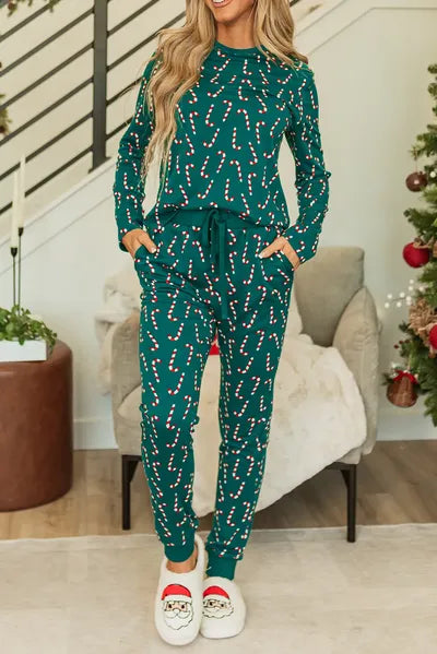 Candy Cane Print Round Neck Top and Pants Lounge Set Deep Teal for a perfect OOTD – dress to impress outfits from Amexza