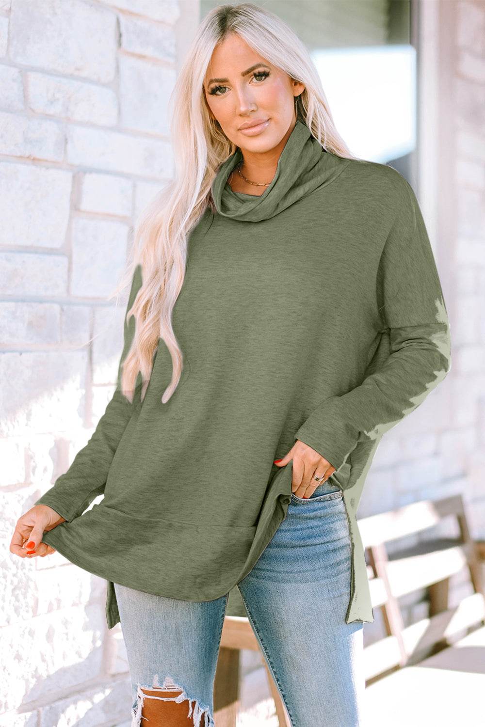 Cowl Neck Long Sleeve Slit Blouse for a perfect OOTD – dress to impress outfits from Amexza