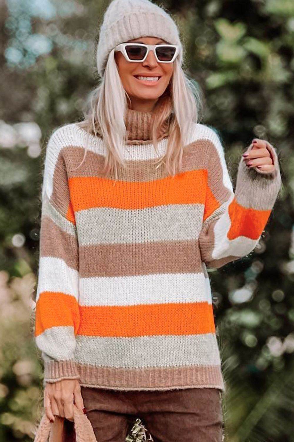 Color Block Drop Shoulder Turtleneck Sweater - Amexza