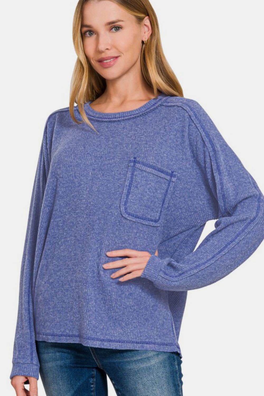 Zenana Full Size Contrast Stitching Brushed Ribbed Hacci Knit Top Blue Purple for a perfect OOTD – dress to impress outfits from Amexza