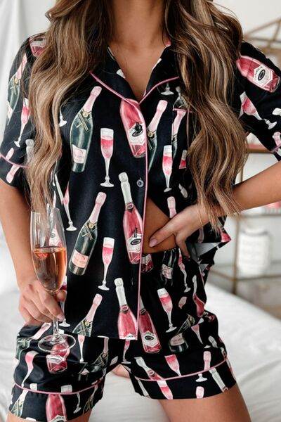 Champagne Print Short Sleeve Top and Shorts Set Black for a perfect OOTD – dress to impress outfits from Amexza